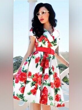 Pinup Couture Birdie Dress In Red Rose Print, Size XXL GUC*